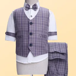 Rikidoos Full Sleeves Checked 3 Piece Party Suit With Bow Set - Light Purple & White-image-30