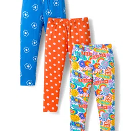 Babyhug Cotton Lycra Knit Full Length Polka Dot & Floral Printed Leggings Pack of 3 - Blue Orange & White-image-75