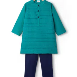 Babyhug Cambric Woven Full Sleeves Kurta Pajama Set With Embriodery - Teal Blue-picture-38
