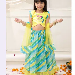KID1 Silk Woven Frill Sleeves Unicorn Embroidered & Leheriya Printed Lehenga Choli With Dupatta Set - Yellow-picture-13