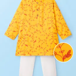 EARTHY TOUCH Woven Full Sleeves Kurta Pajama Set with Floral Embroidery - Yellow-picture-24