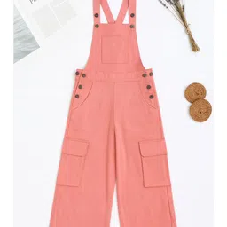 tweeny mini 100% Pure Cotton Woven Sleeveless Solid Cargo Dungaree - Peach-picture-30
