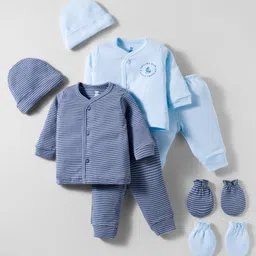 I Bears Interlock Knit Full Sleeves Ship Printed & Striped Co-ords Night Suits with Caps & Mittens Pack of 2 - Navy & Light Blue-picture-10