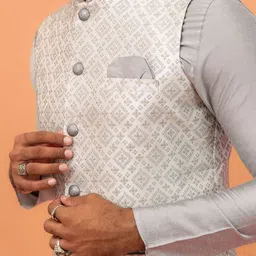 KISAH Mandarin Collar Straight Kurta With Churidar & Woven Design Nehru jacket image 2