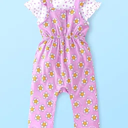 Babyhug 100% Cotton Knit Single Jersey Dungarees & Half Sleeves T-Shirt With Floral Print - White & Lilac image 2