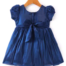 Babyhug Woven Half Puffed Sleeves Fit & Flared Pleated Party Frock with  Floral Applique - Navy Blue image 2