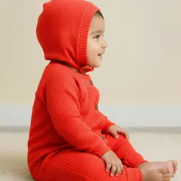 Spunkies Waffle Knit Full Raglan Sleeves Textured Romper With Cap - Orange image 4