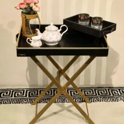 Casagold Black Pu Leather Foldable Tray Table With Metal Stand & Small Tray image 2