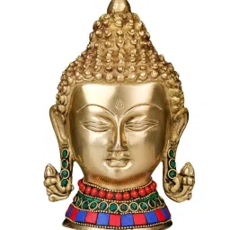 Ekaa Handicrafts 5.5" Brass Lord Buddha Head with Stonework image 5