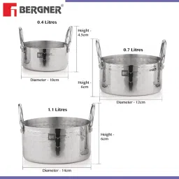 Bergner BE Essentials Silver Stainless Steel 3Pc Mini Hammered Pot Serving Set image 5