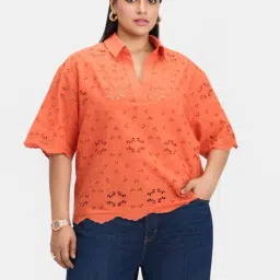 VIRGIO Orange Regular Fit Embroidered Top-picture-19