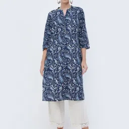 Melange by Lifestyle Navy & White Cotton Printed Kurta-image-37