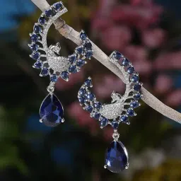 Zeneme Rhodium Plated Silver Toned Blue AD Drop Earrings-image-92