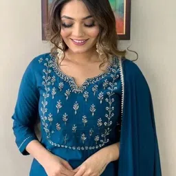 KALINI Women Ethnic Motifs Embroidered Regular Thread Work Pure Cotton Kurta with Trousers & With Dupatta image 4