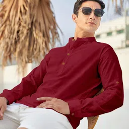 Zombom Men Band Collar Roll-Up Sleeves Straight Kurta image 2