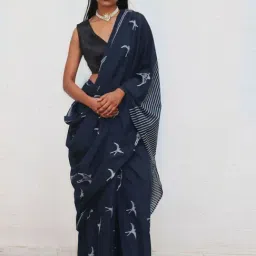Chidiyaa Blue Fly Me to the Moon Indigo Bird Hand Blockprinted Cotton Saree-picture-0