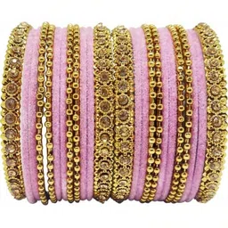 LLL FASHION Set Of 24 Pink Glass Artificial Stones & Beads Bangle-picture-19