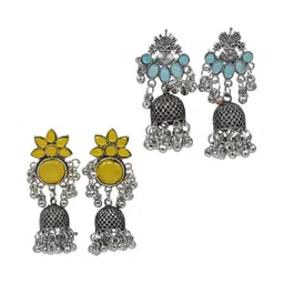 MEIRA JEWELLERY Set Of 2 German Silver-Plated Stones Studded & Beaded Dome Jhumkas image 2