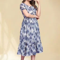 GROMint Floral Print Puff Sleeve Georgette Fit & Flare Midi Dress-picture-52