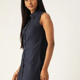 VARUSHKA Navy Blue Pure Cotton Solid Shirt Collar Mini Dress image 4