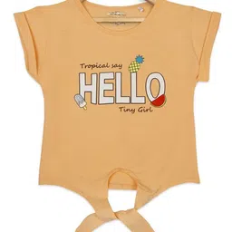 Tiny Girl Short Sleeves Hello Text With Fruits & Candy Printed Front Knot Tie Up Top - Peach-picture-15