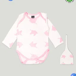 Kidbea 100% Organic Cotton Full Sleeves Unicorns Printed Coordinating  Onesie & Cap Set - Pink & White-picture-20