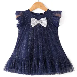 Babyhug Sleeveless Party Frock with Frill & Glitter Detailing Bow Applique-picture-33