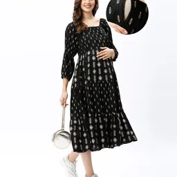 Bella Mama Woven  Three Fourth Sleeves Foil Printed Tiered Maternity Dress - Black-image-25