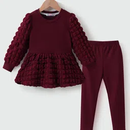 Kookie Kids Full Sleeves Ribbbed Tops & Leggings Set - Maroon-picture-22
