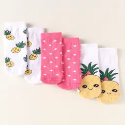 Cute Walk by Babyhug Knit Ankle Length Anti-Bacterial Socks with Polka Dot & Pineapple Design Pack of 3 - White & Dark Pink-picture-38