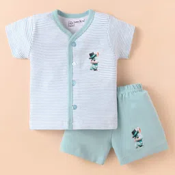 Little Darlings Interlock Knit Half Sleeves Shorts Night Suit with Bunny Print & Stripes - Turquoise-image-86