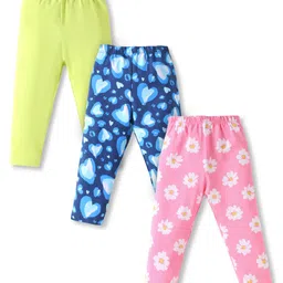 Babyhug Cotton Lycra Full Length Skinny Fit Leggings with Stretch Floral & Heart Print Pack of 3 - Pink Navy & Green-picture-27