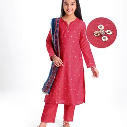 Pine Kids Woven Three Fourth Sleeves Kurta Churidar Set with Dupatta & Floral Embellisment and Lace Detailing - Red-picture-15