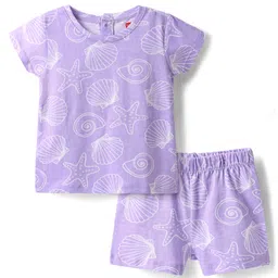 Babyhug Cotton Knit Half Sleeves Co-ords Shorts Night Suit with Sea Life Print - Lavender-picture-15