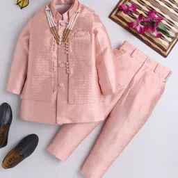 Ahhaaaa Brocade Full Sleeves Solid Kurta Pyjama With Sequin Embellished & Embroidered Jacket & Maala Set - Pink-picture-22