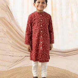 Tiber Taber 100% Cotton Full Sleeves Floral Printed Kurta Pyjama Set - Maroon-picture-11