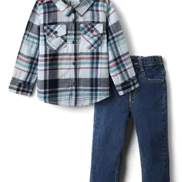 Babyhug Cotton Woven Full Sleeves Checkered Shirt & Denim Jeans Set - Navy Blue-picture-24