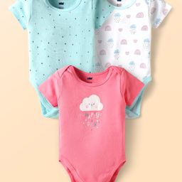 Simply Interlock Knit Half Sleeves Cloud & Rainbow Printed Onesies Pack of 3 - Dark Pink Light Blue & White-picture-6