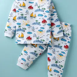 Ollypop Sinker Knit Full Sleeves Co-ords Night Suit with Beach Theme Print - White-picture-25