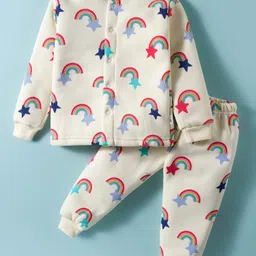 Teddy Fleece Knit Full Sleeves Winter Wear Co-ords Night Suit With Rainbow Print - Cream-picture-15