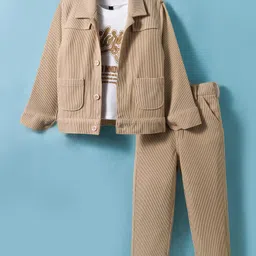 Robo Fry Cotton Woven Full Sleeves Jacket with Text Printed Inner Tee & Trouser - White & Tan-picture-21