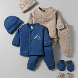 I Bears Interlock Knit Full Sleeves Bear Printed & Striped Co-ords Night Suits with Caps & Mittens Pack of 2 - Navy Blue & Tan-picture-20