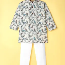 Ridokidz Full Sleeves Leaves Printed Kurta Pyjama Set - Off White-image-7