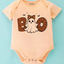 KNITROOT Halloween Theme Cotton Lycra Knit Half Sleeves Boo Text Printed Onesie - Peach-picture-35