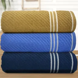 Myntra Elegant Homes Yellow & Blue 3 Pieces Striped Cotton 210 GSM Bath Towels-picture-20