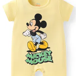 Babyhug Disney Interlock Knit Half Sleeves Rompers with Mickey Mouse Graphics Pack of 3 - Yellow Green & Light Blue image 2