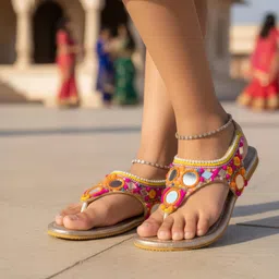 LIL PITAARA Beads & Mirror Work Embellished Zari Sandals - Gold image 3