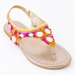 LIL PITAARA Beads & Mirror Work Embellished Zari Sandals - Gold image 4
