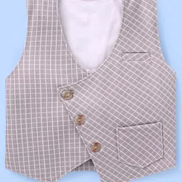 Robo Fry Lycra Knit Full Sleeves Checkered 3 Piece Party Suit with Hat & Bow - Light Grey image 4