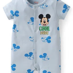 Babyhug Disney Interlock Knit Half Sleeves Rompers with Mickey Mouse Graphics Pack of 3 - Yellow Green & Light Blue image 4